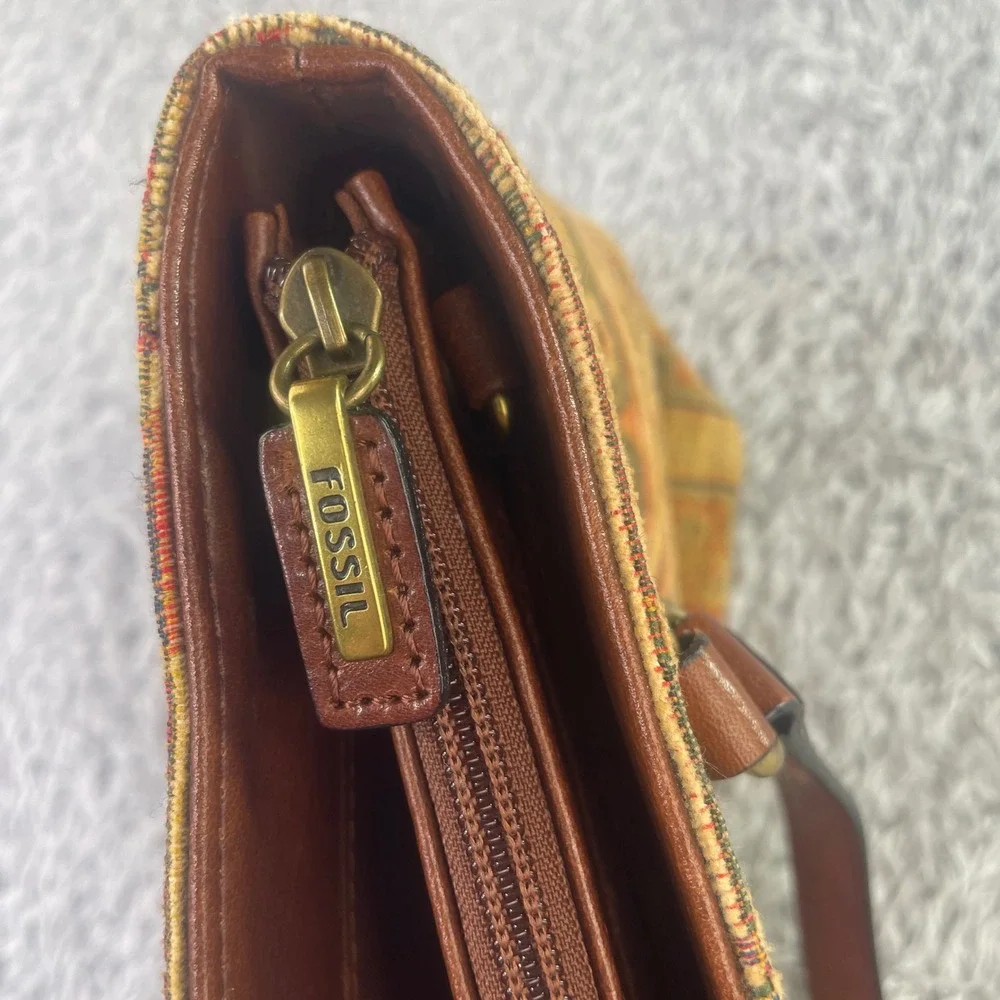 Fossil Satchel Bag Womens Medium Brown Vintage Kilim Tapestry Leather Trim